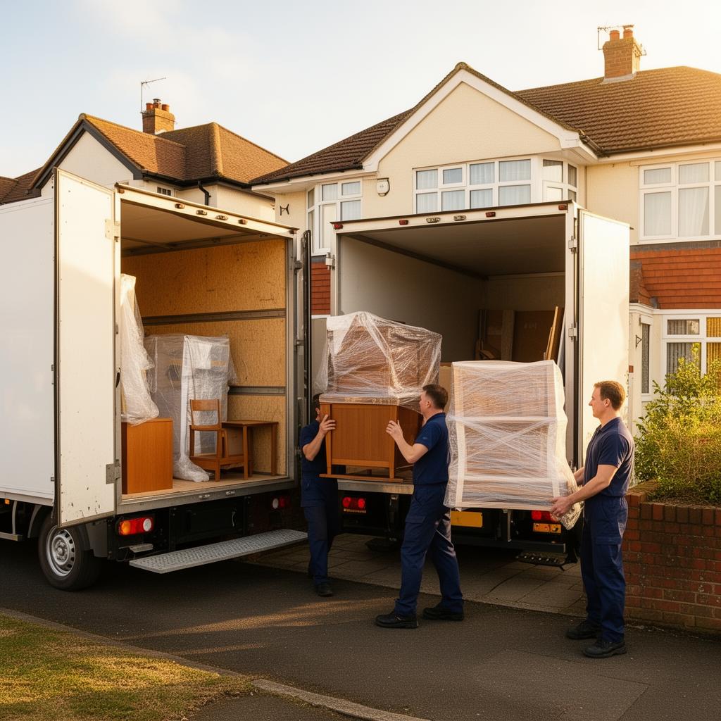 Professional house removals team loading furniture into a truck outside a home in St Albans