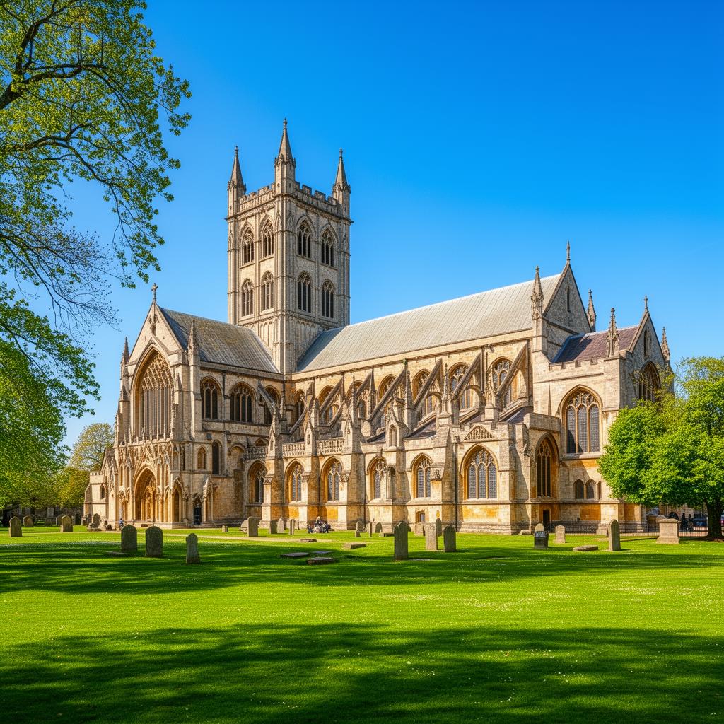 St Albans Cathedral surrounded by green grounds on a sunny day in Hertfordshire