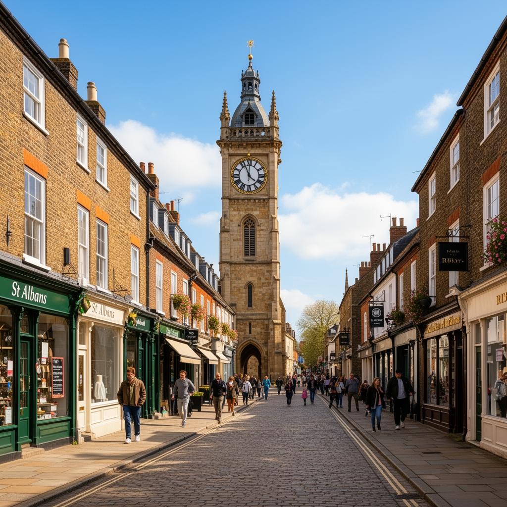 St Albans Clock Tower and historic high street in Hertfordshire