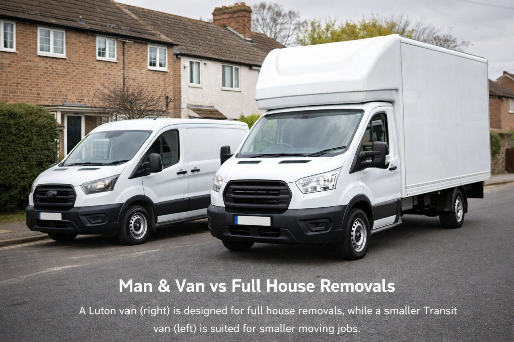 Luton van next to a smaller Transit van showing the difference between house removals and man and van services
